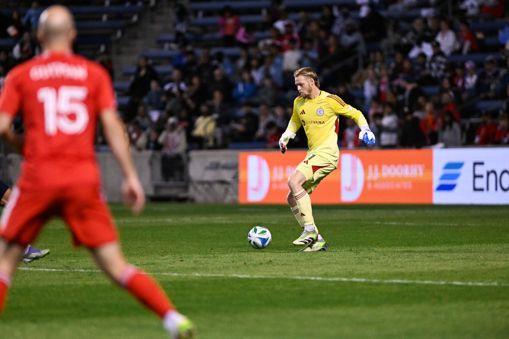 Chris Brady of the Chicago Fire plays the ball against the New England Revolution at SeatGeek stadium in Bridgeview, IL on September 6, 2025.