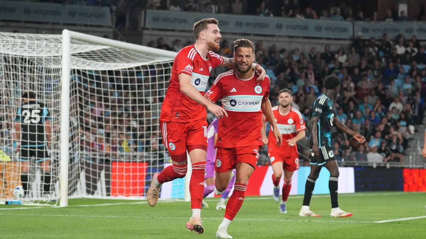 Joel Waterman celebrates his goal with Philip Zinckernagel at Minnesota United on September 20, 2025