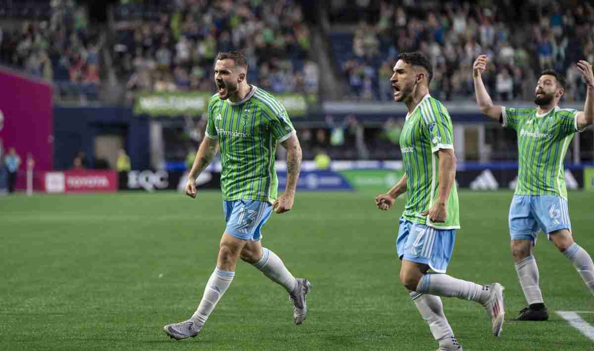 Jun 22, 2024; Seattle, Washington, USA; Seattle Sounders FC forward Jordan Morris (13) midfielder Cristian Roldan (7) and midfielder Joao Paulo (6) celebrate after a goal against FC Dallas during the second half at Lumen Field