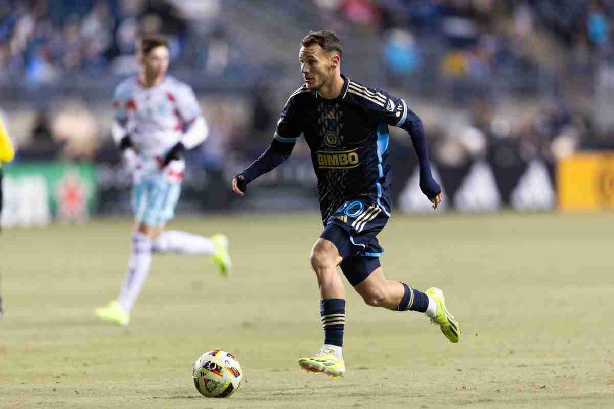 Feb 24, 2024; Philadelphia, Pennsylvania, USA; Philadelphia Union midfielder Daniel Gazdag (10) controls the ball against Chicago Fire FC during the second half at Subaru Park.