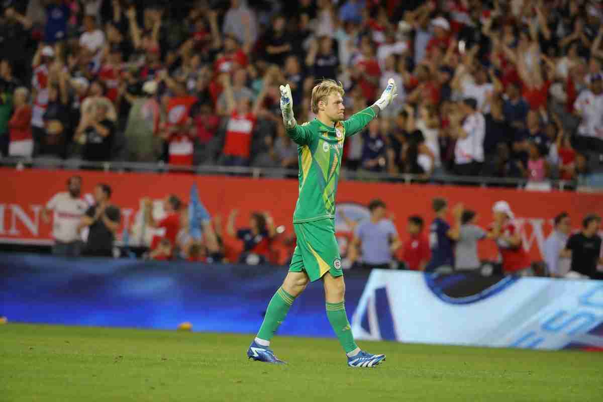 Jul 3, 2024; Chicago, Illinois, USA; Chicago Fire FC goalkeeper Chris Brady (34) reacts after a goal scored by Chicago Fire FC midfielder Gaston Gimenez (30) during the second half against Philadelphia Union at Soldier Field.