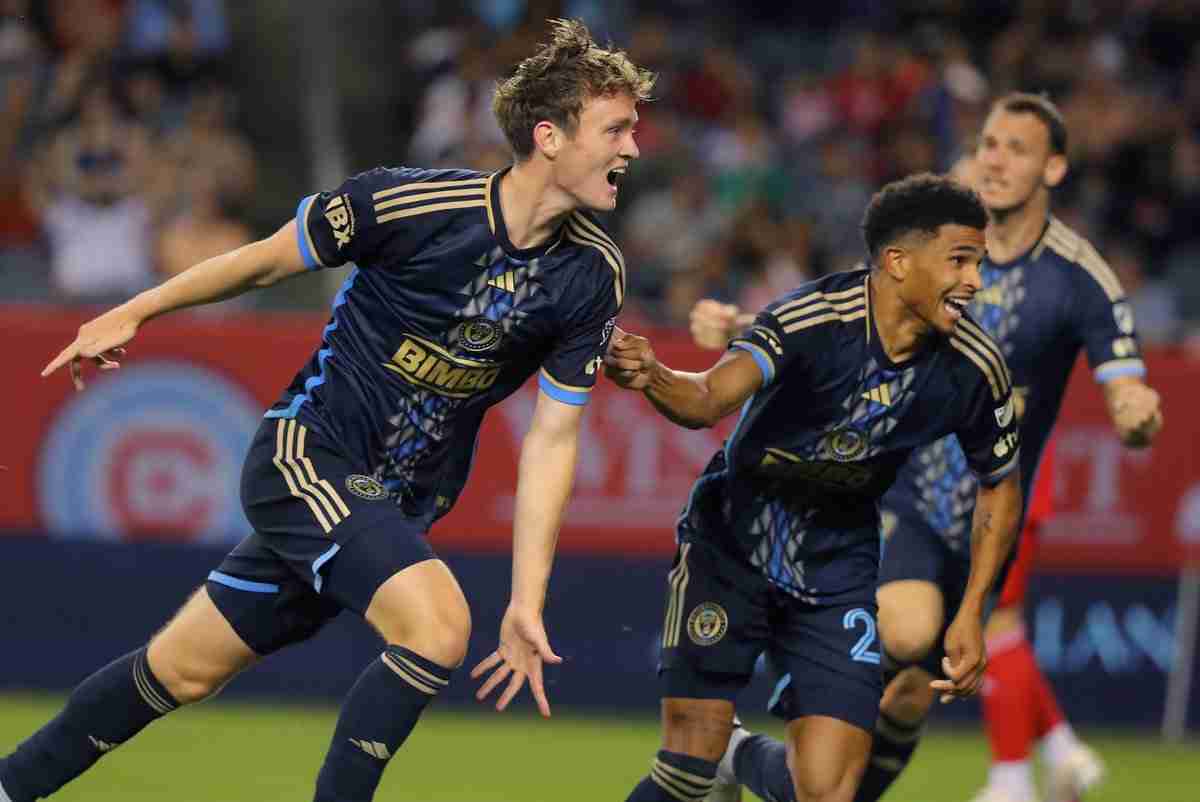 Jul 3, 2024; Chicago, Illinois, USA; Philadelphia Union midfielder Jack McGlynn (16) celebrates after scoring a goal during the second half against Chicago Fire FC at Soldier Field.