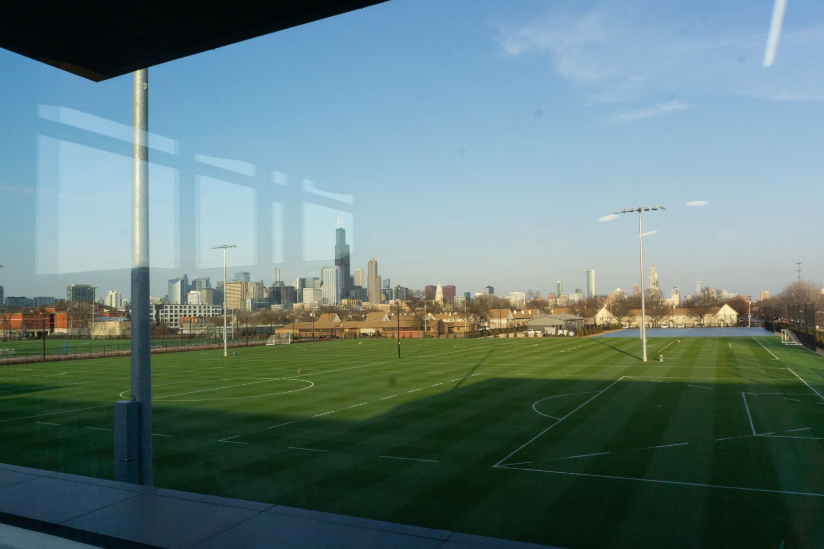 The synthetic pitches as seen from the second floor cafeteria of the Endeavor Health Performance Center on March 3, 2025