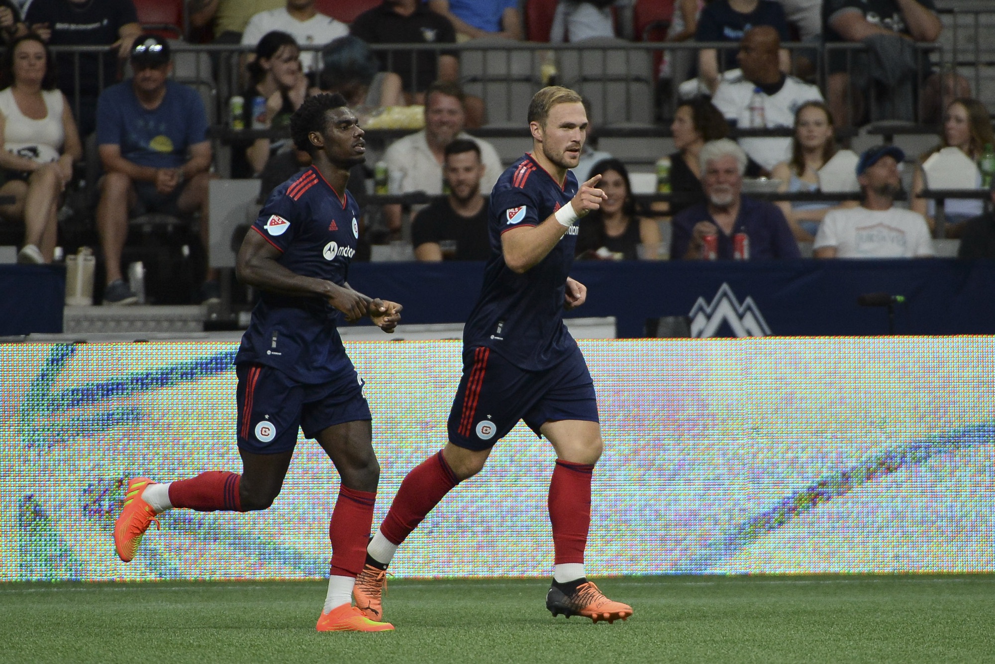 Jul 23, 2022; Vancouver, British Columbia, CAN; Chicago Fire FC defender Rafael Czichos (5) celebrates his goal against Vancouver Whitecaps FC goaltender Isaac Boehmer (60) (not pictured) during the second half at BC Place. 