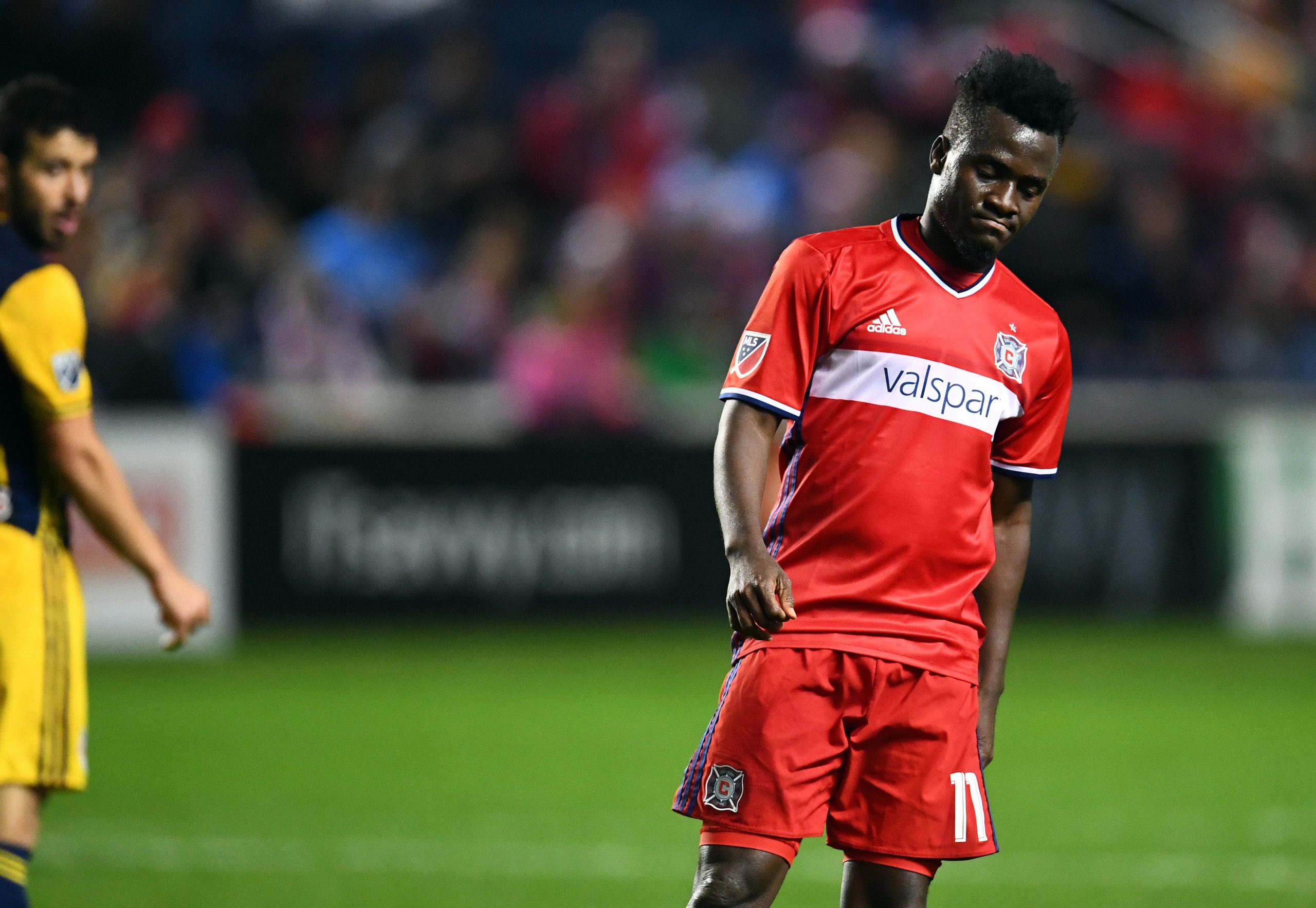 Oct 25, 2017; Chicago, IL, USA;  Chicago Fire forward David Accam (11) reacts after a kicks against the New York Red Bulls during the first half at Toyota Park. Mandatory Credit: Mike DiNovo-USA TODAY Sports