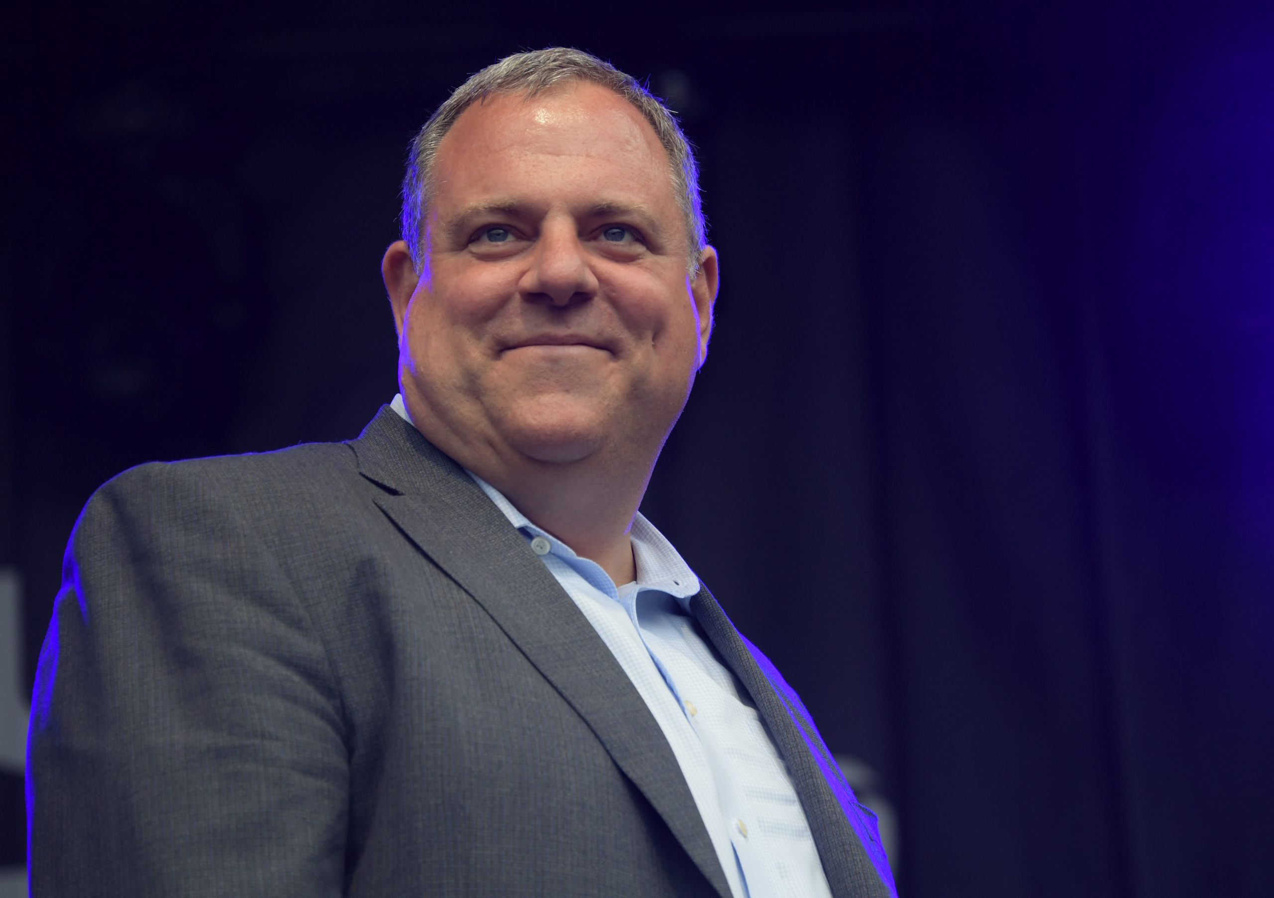 Nov 12, 2019; Seattle, WA, USA; Seattle Sounders general manager Garth Lagerwey reacts during the MLS Cup Champions rally at the Fisher Pavilion at the Seattle Center. 