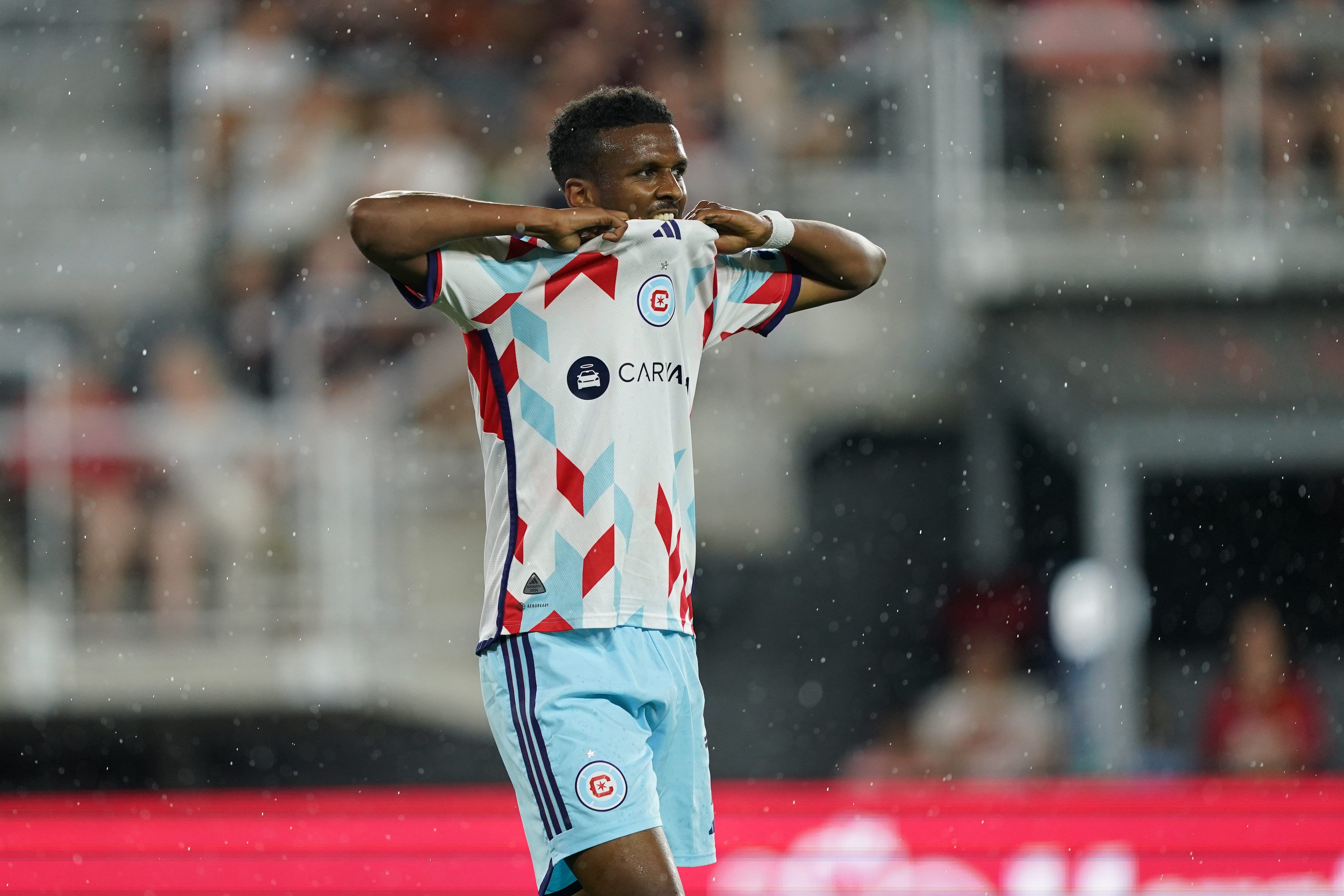 May 25, 2024; Washington, District of Columbia, USA; Chicago Fire midfielder Maren Haile-Selassie (7) reacts after Austin FC missed gaol in the second half against the D.C. United at Audi Field. Mandatory Credit: 