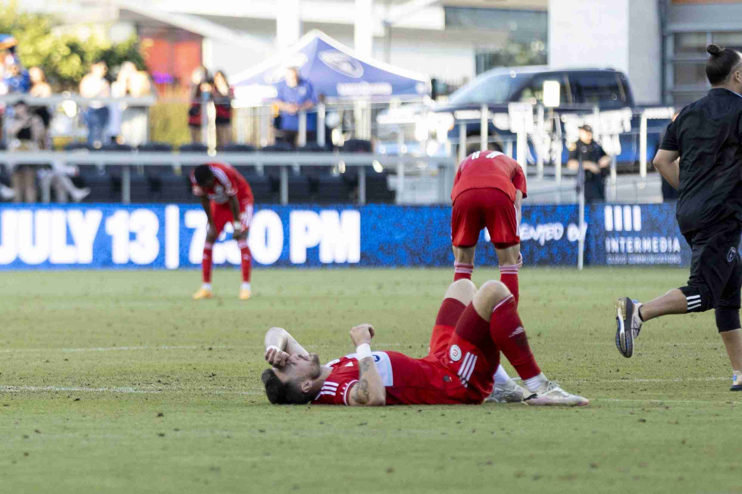 Jul 7, 2024; San Jose, California, USA; Chicago Fire defender Rafael Czichos (5) on the ground after his team’s 1-0 defeat by the San Jose Earthquakes at PayPal Park.