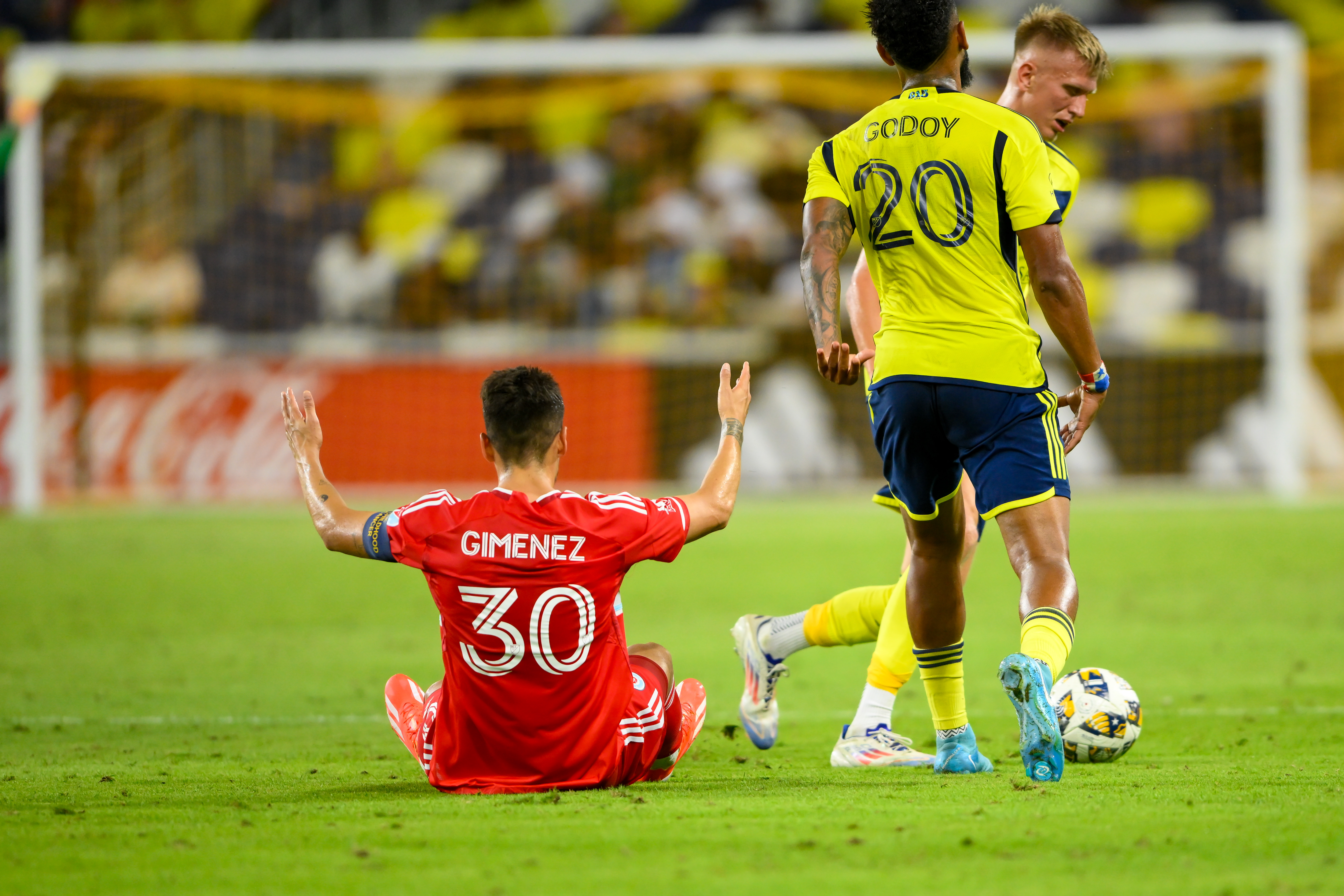 Sep 18, 2024; Nashville, Tennessee, USA;  Chicago Fire midfielder Gastón Gimenez (30) reacts after the take down of Nashville SC midfielder Anibal Godoy (20) at Geodis Park. 