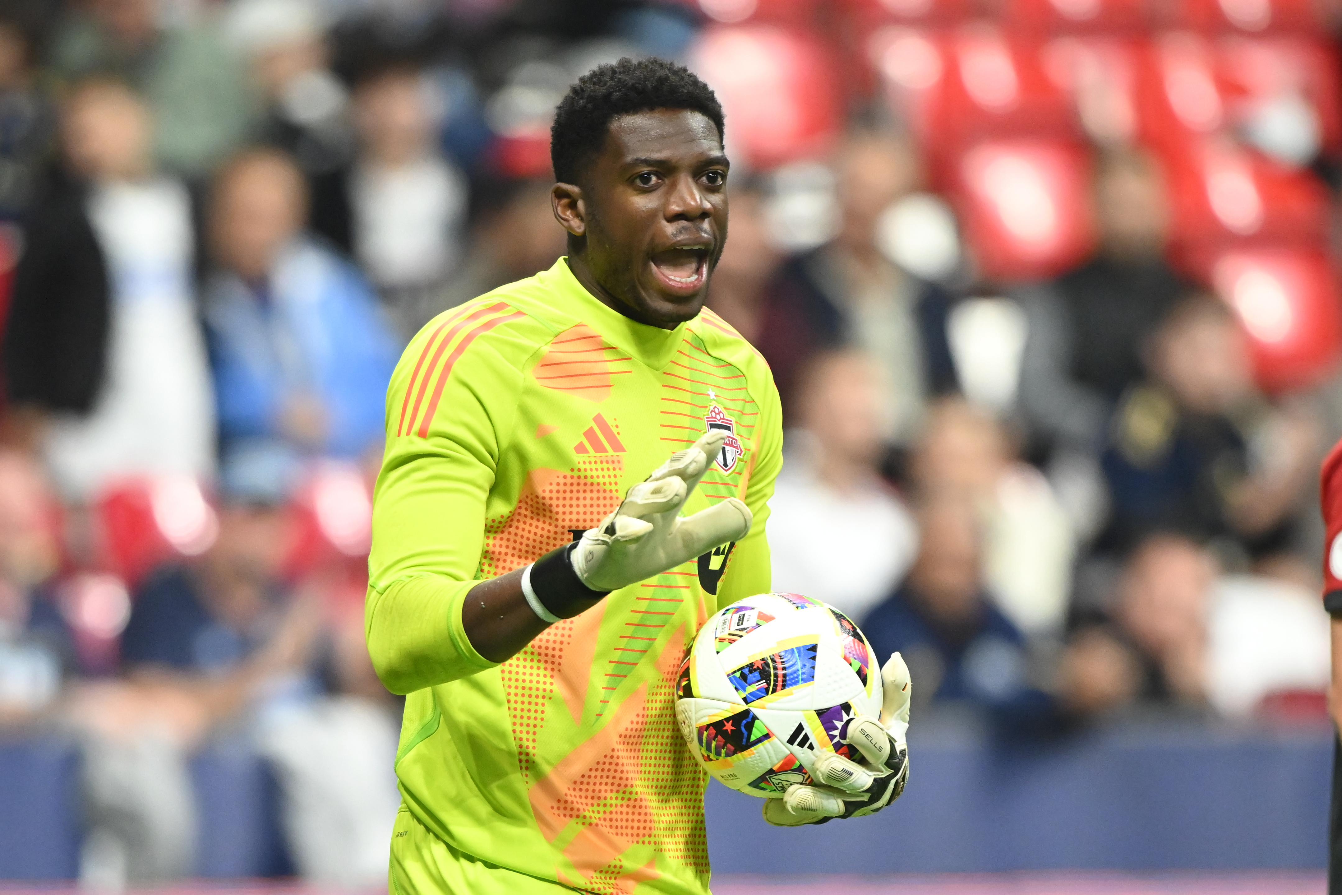 Sep 25, 2024; Vancouver, British Columbia, CAN; Toronto FC goalkeeper Sean Johnson (1) reacts during the first half against Vancouver Whitecaps FC at BC Place.