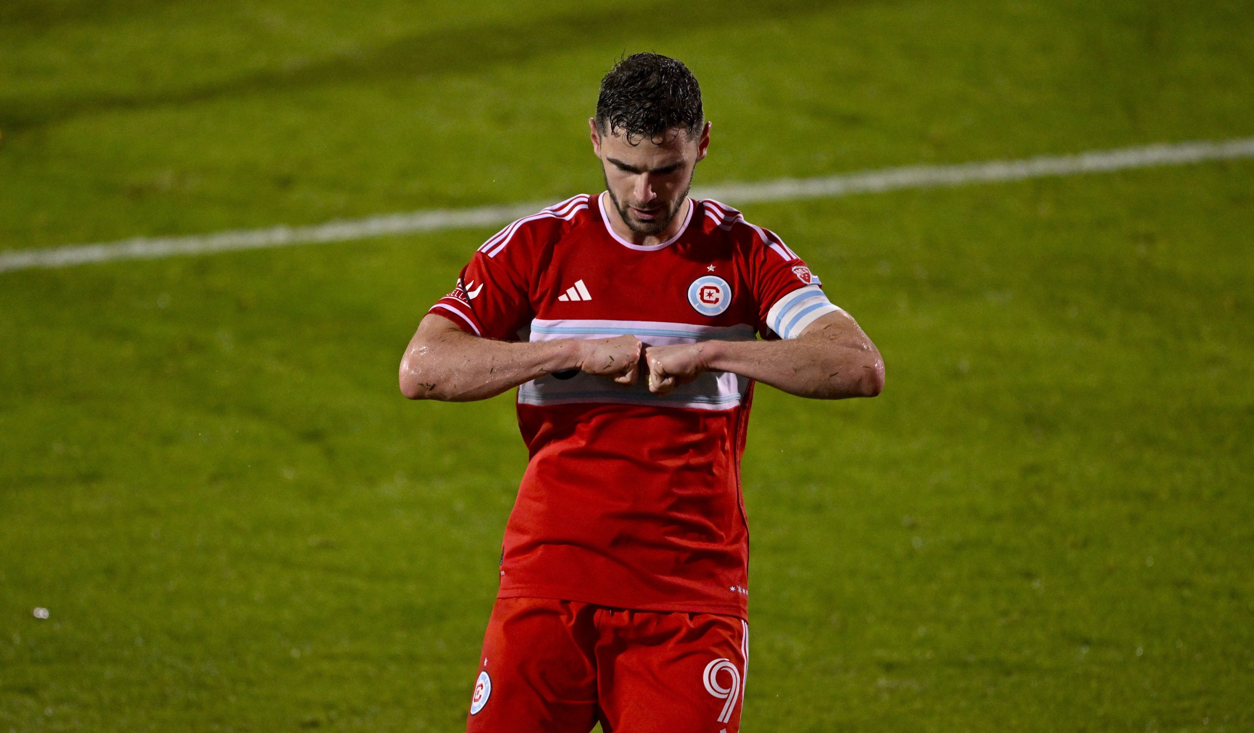 Mar 8, 2025; Frisco, Texas, USA; Chicago Fire forward Hugo Cuypers (9) celebrates after he scores a goal on a penalty kick against FC Dallas during the second half at Toyota Stadium. Mandatory Credit: