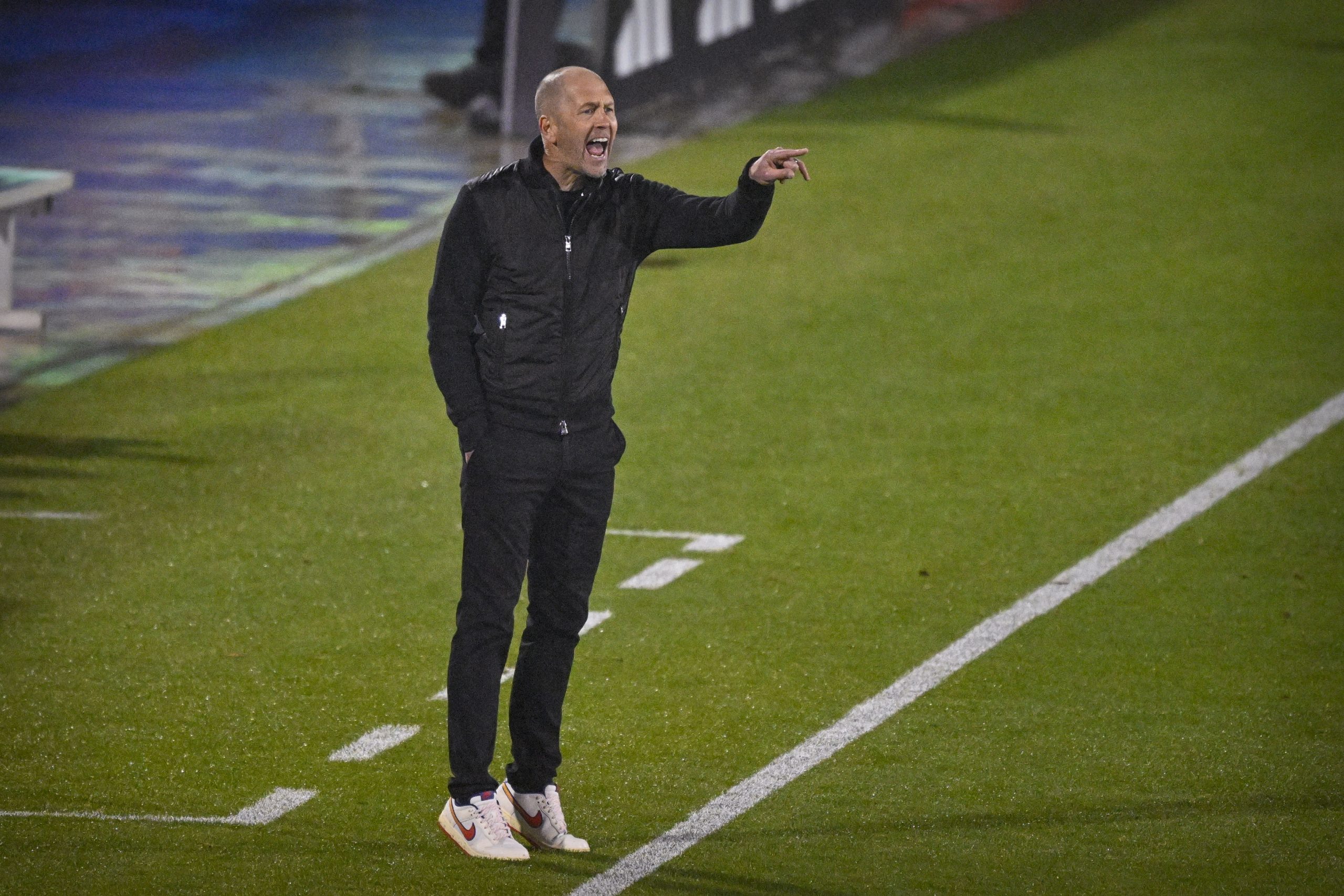 Mar 8, 2025; Frisco, Texas, USA; Chicago Fire head coach Gregg Berhalter yells to his team during the second half against FC Dallas at Toyota Stadium. Mandatory Credit: 