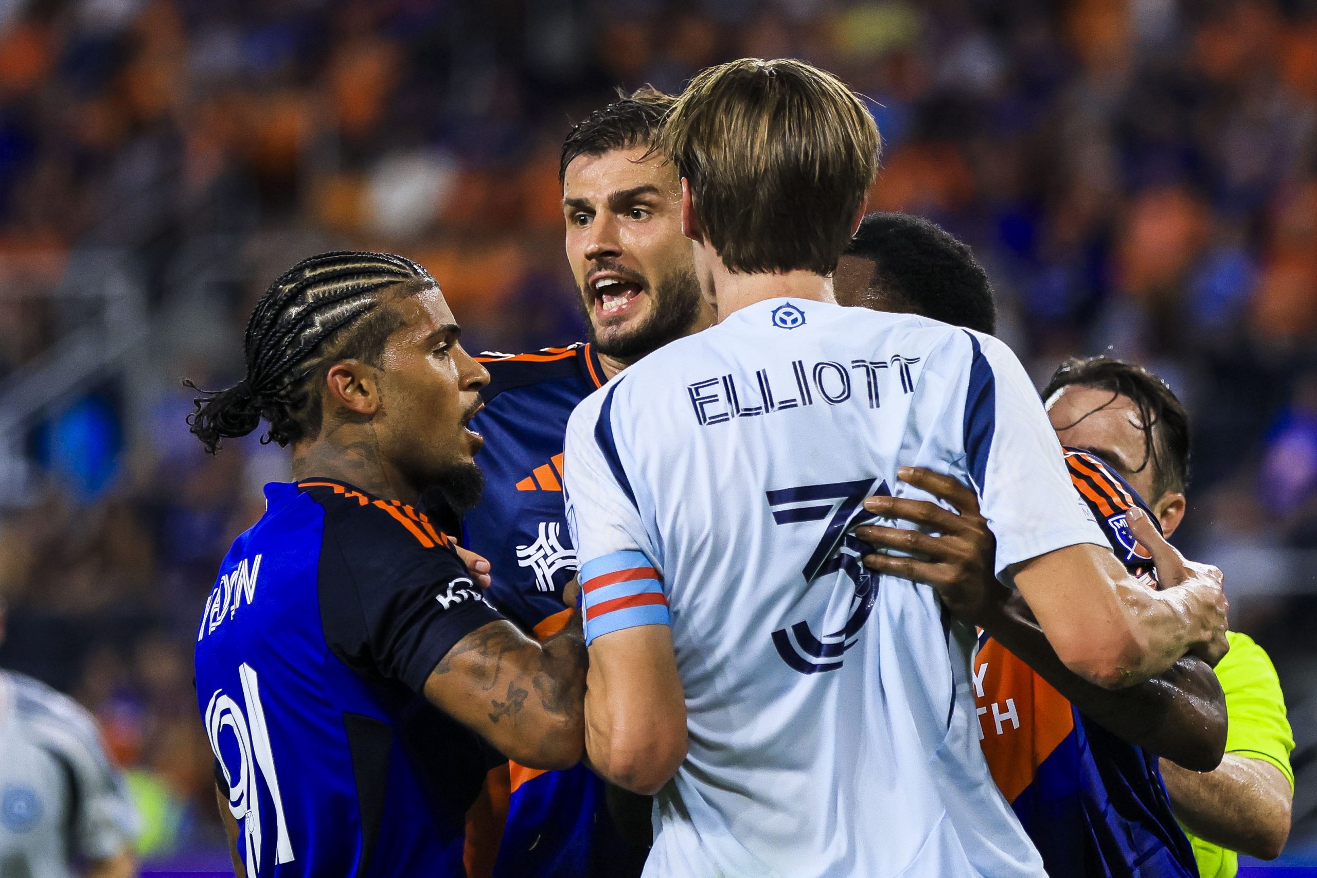 Jul 5, 2025; Cincinnati, Ohio, USA; FC Cincinnati defender Matt Miazga (21) argues with Chicago Fire FC defender Jack Elliott (3) after a play in the second half at TQL Stadium. Mandatory Credit: Katie Stratman-Imagn Images