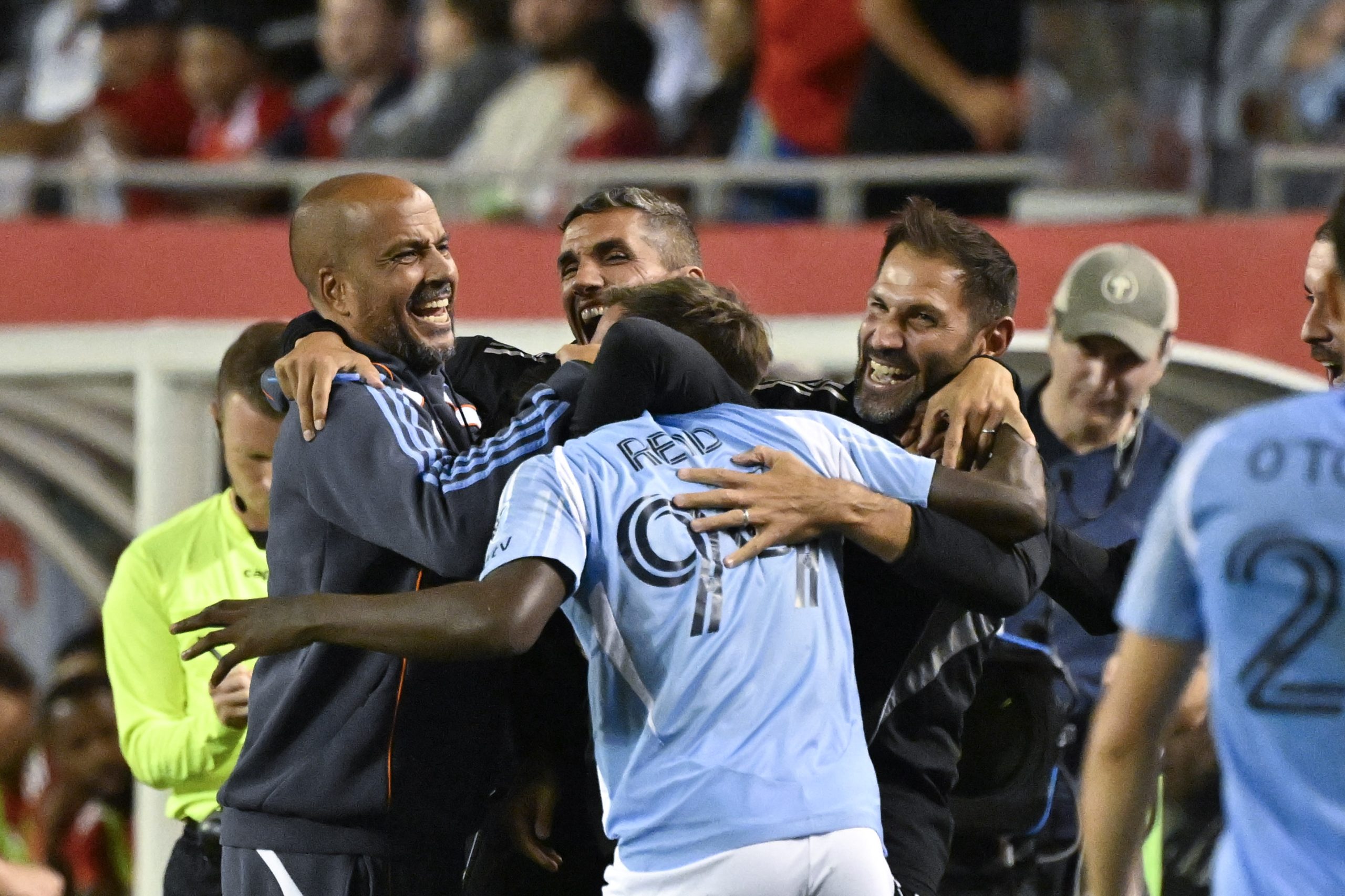 Sep 13, 2025; Chicago, Illinois, USA; New York City forward Seymour Reid (99) reacts after he scores a goal against the Chicago Fire during the second half at Soldier Field.