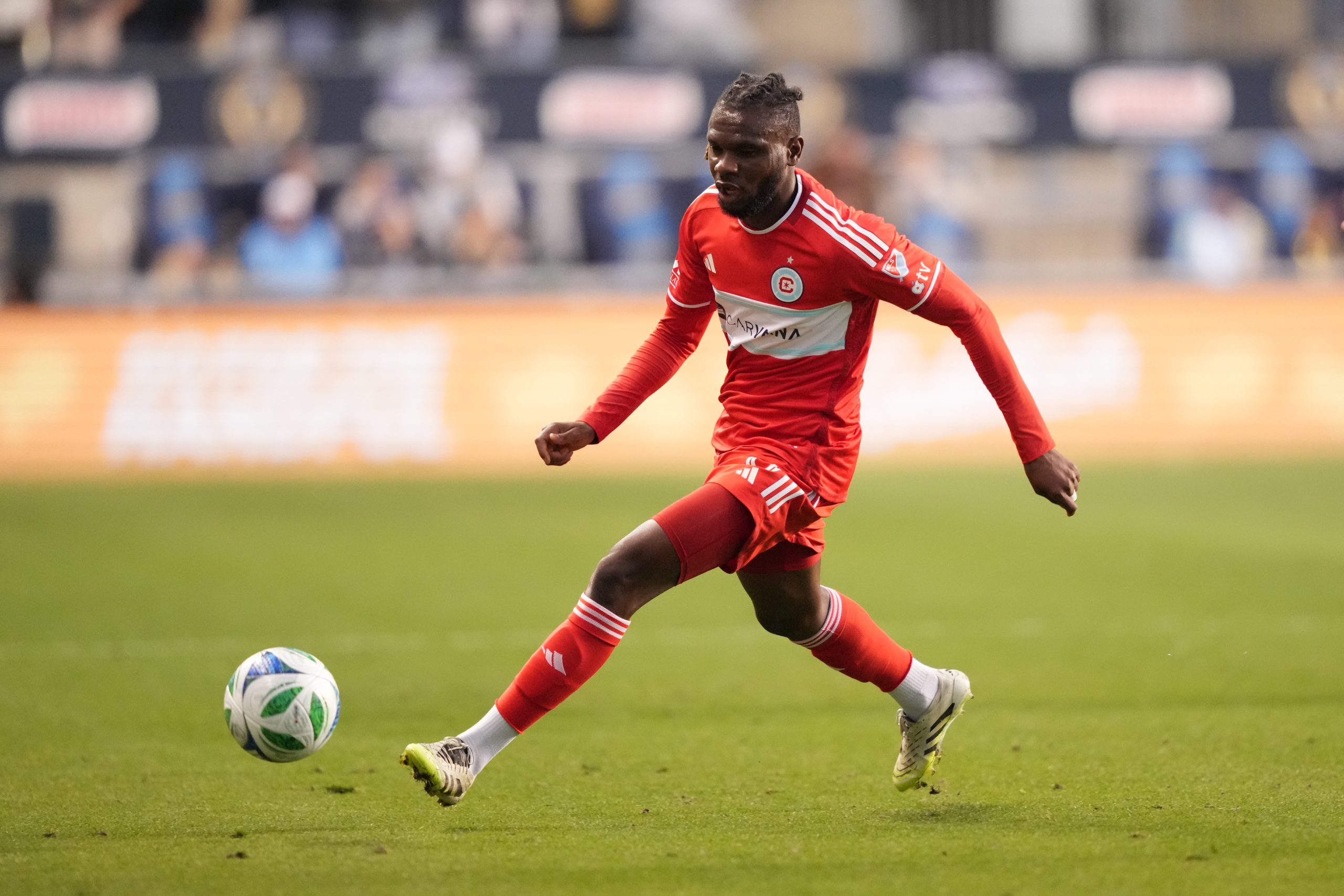Oct 26, 2025; Chester, Pennsylvania, USA; Chicago Fire FC forward Jonathan Bamba (19) chases the ball against the Philadelphia Union in the first half at Subaru Park. Mandatory Credit: Kyle Ross-Imagn Images