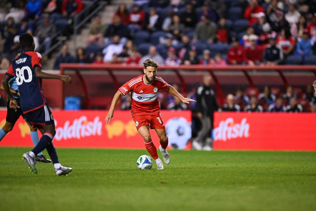 Chicago Fire FC player Philip Zinckernagel attacks against the New England Revolution no 80 at SeatGeek Stadium in Bridgeview
