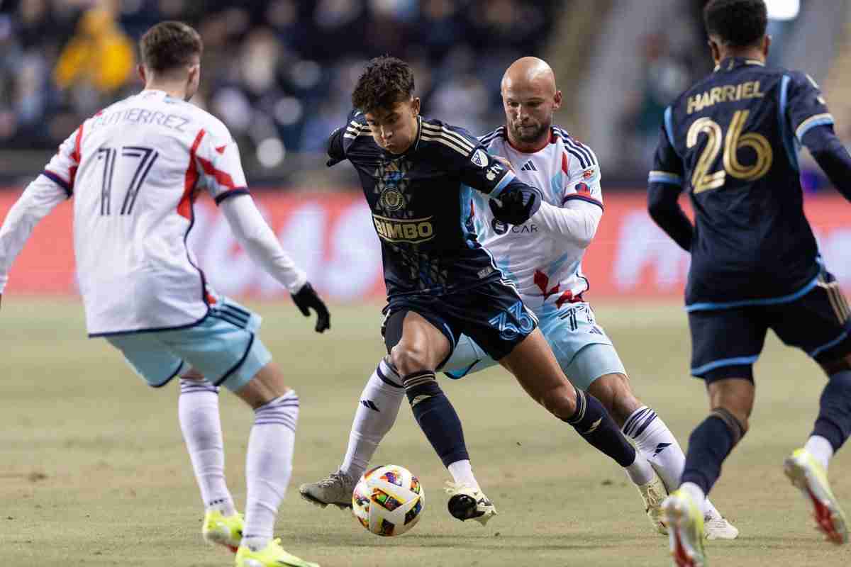 Feb 24, 2024; Philadelphia, Pennsylvania, USA; Philadelphia Union midfielder Quinn Sullivan (33) dribbles past Chicago Fire F