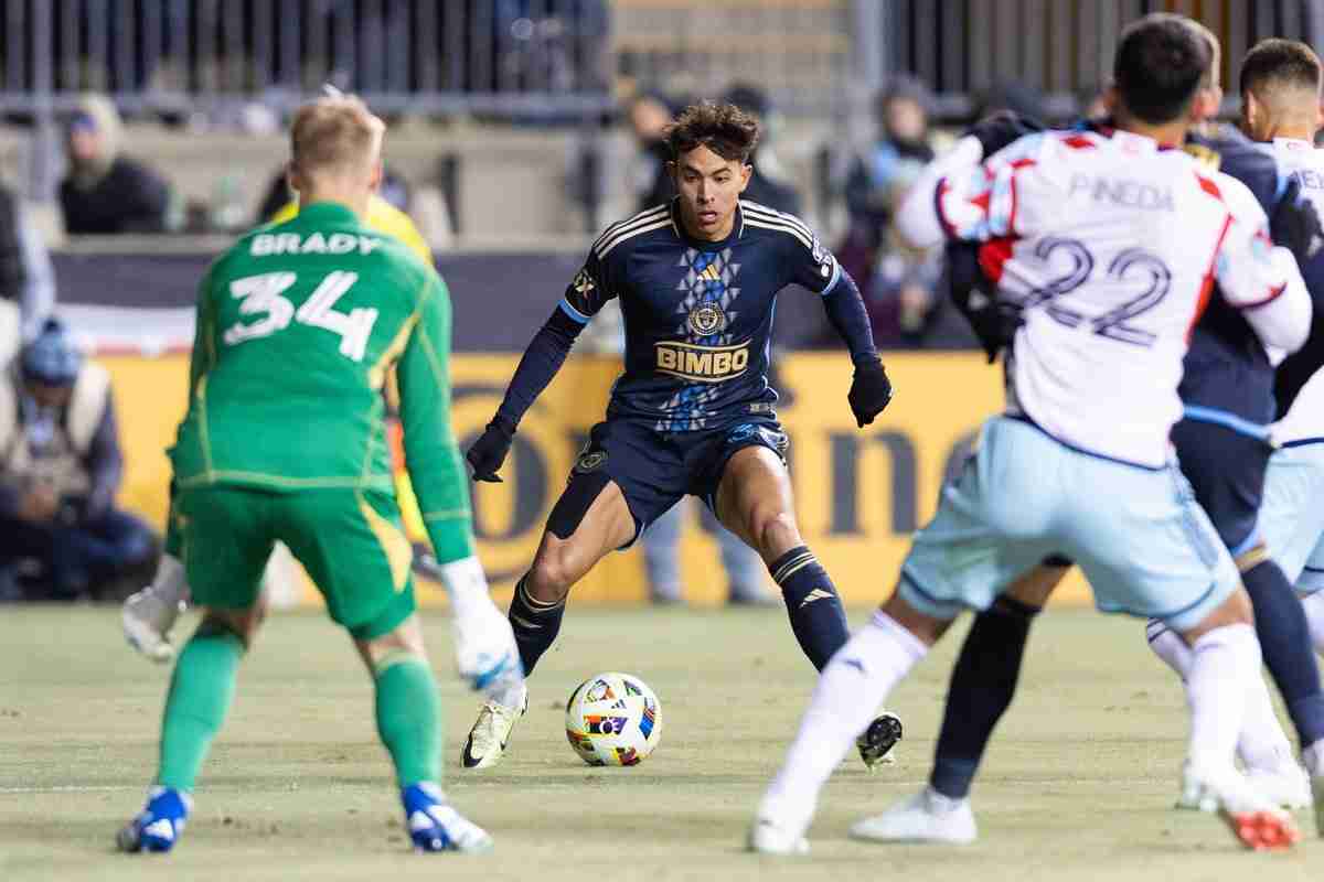 Feb 24, 2024; Philadelphia, Pennsylvania, USA; Philadelphia Union midfielder Quinn Sullivan (33) controls the ball in front o
