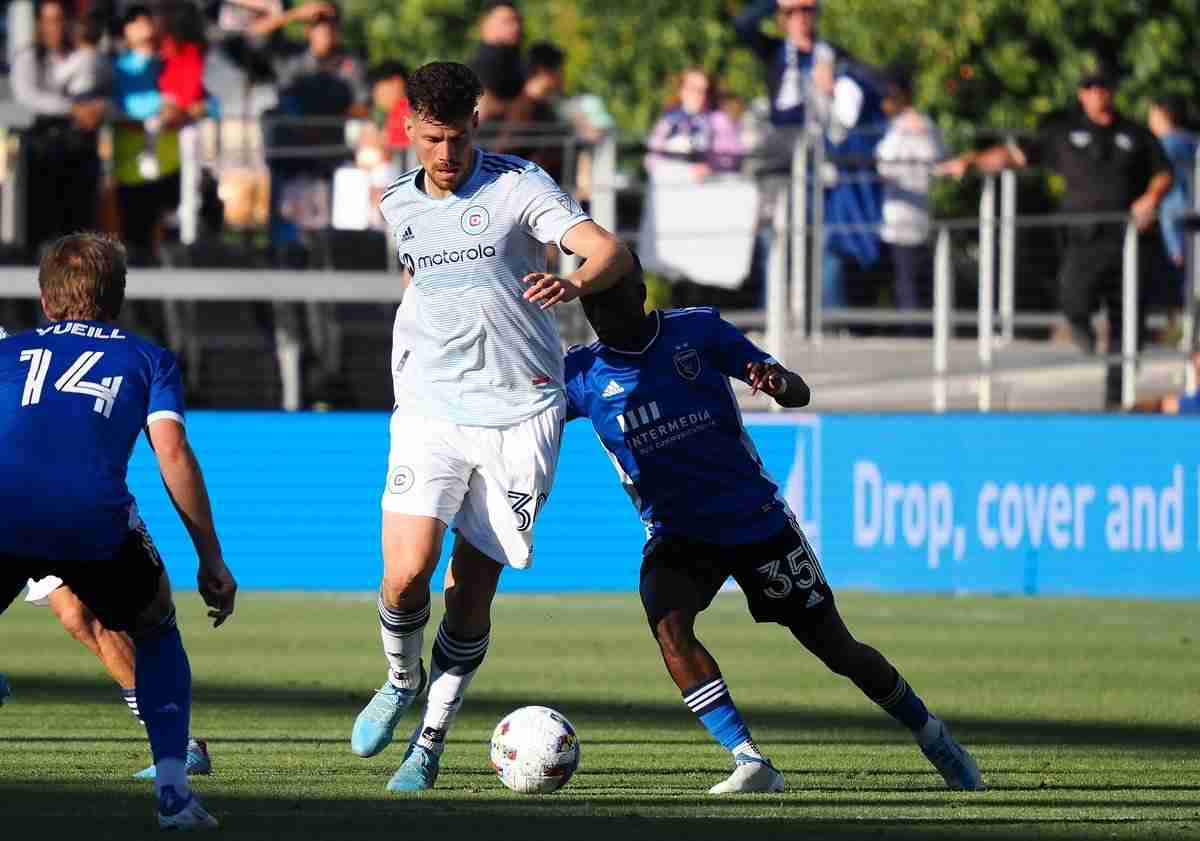 Jul 3, 2022; San Jose, California, USA; Chicago Fire midfielder Gaston Gimenez (30) controls the ball against San Jose Earthq