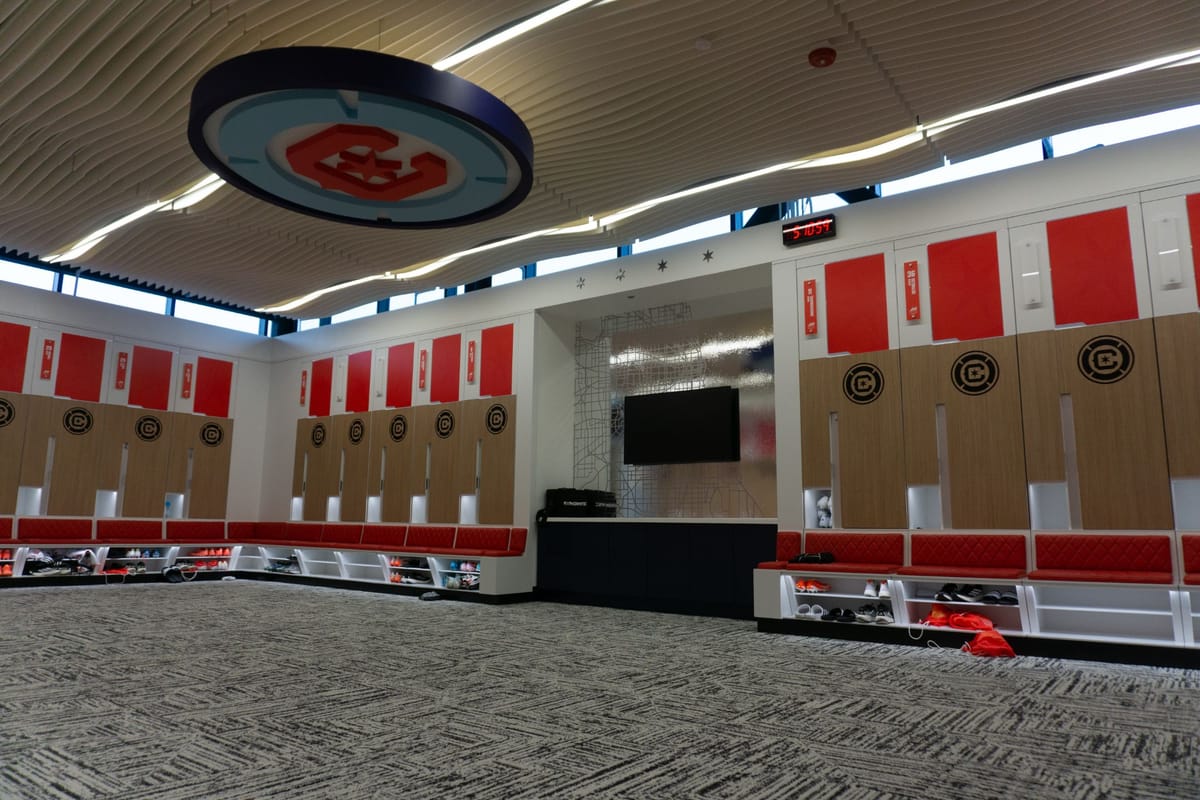 The first team locker room at the Endeavor Health Performance Center Chicago Fire training facility
