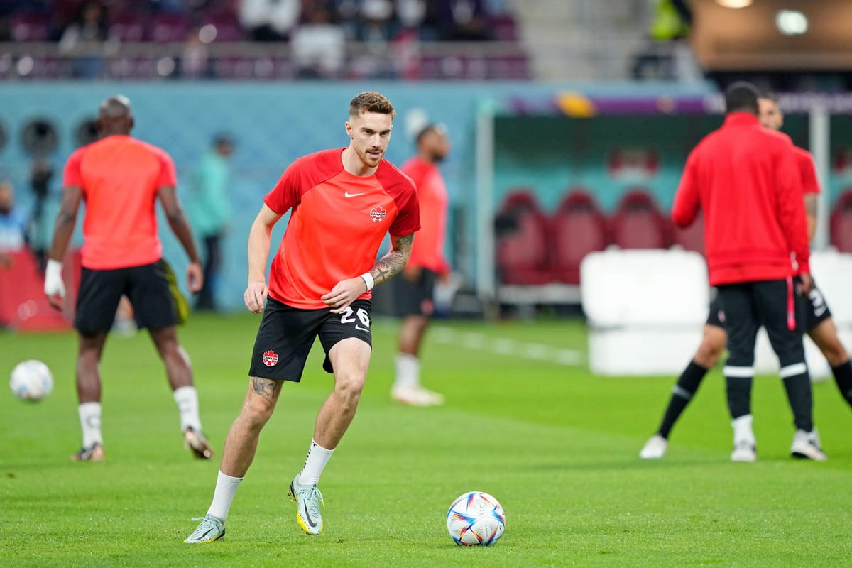 Nov 27, 2022; Doha, Qatar; Canada defender Joel Waterman (26) during warmups before a group stage match against Croatia durin