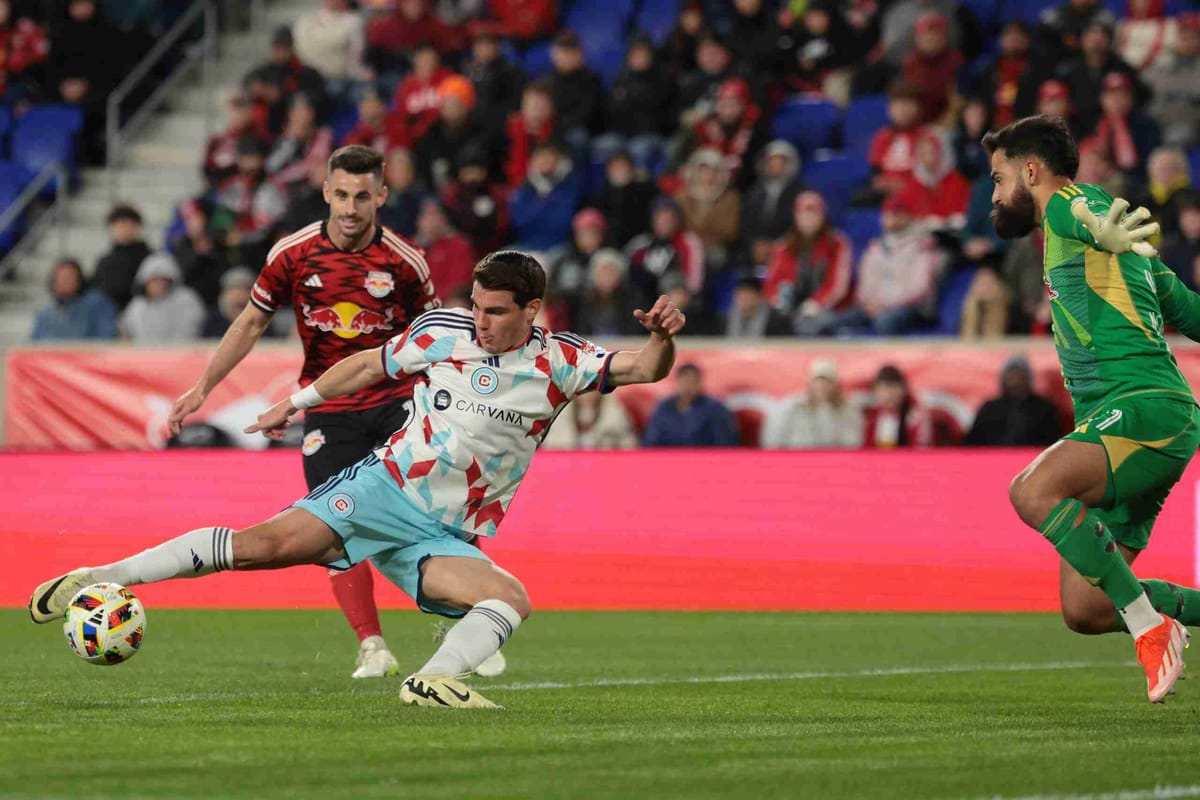Apr 13, 2024; Harrison, New Jersey, USA; Chicago Fire FC forward Georgios ?outsias (19) kicks the ball against New York Red B
