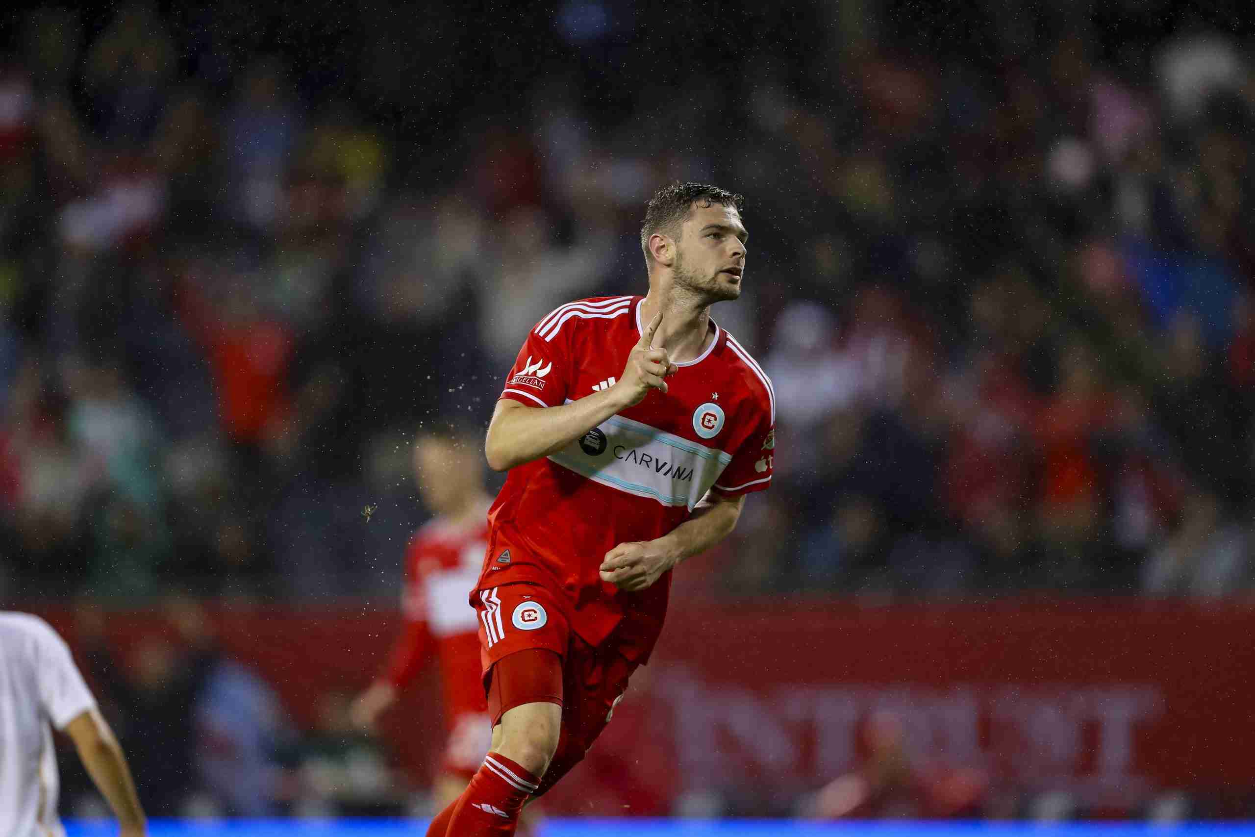 Jun 1, 2024; Chicago, Illinois, USA; Chicago Fire FC forward Hugo Cuypers (9) celebrates scoring a goal during the first half