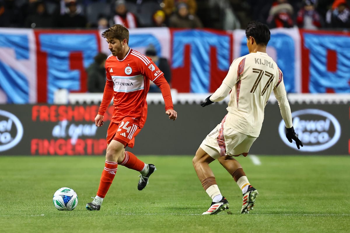 Mar 1, 2025; Chicago, Illinois, USA; Chicago Fire FC midfielder Jonathan Dean (24) kicks the ball against D.C. United midfiel