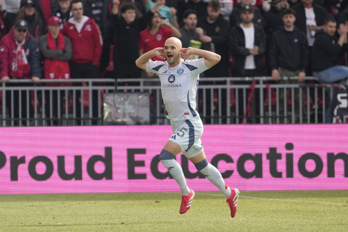 Mar 15, 2025; Toronto, Ontario, CAN; Chicago Fire defender Andrew Gutman (15) reacts after scoring against Toronto FC during
