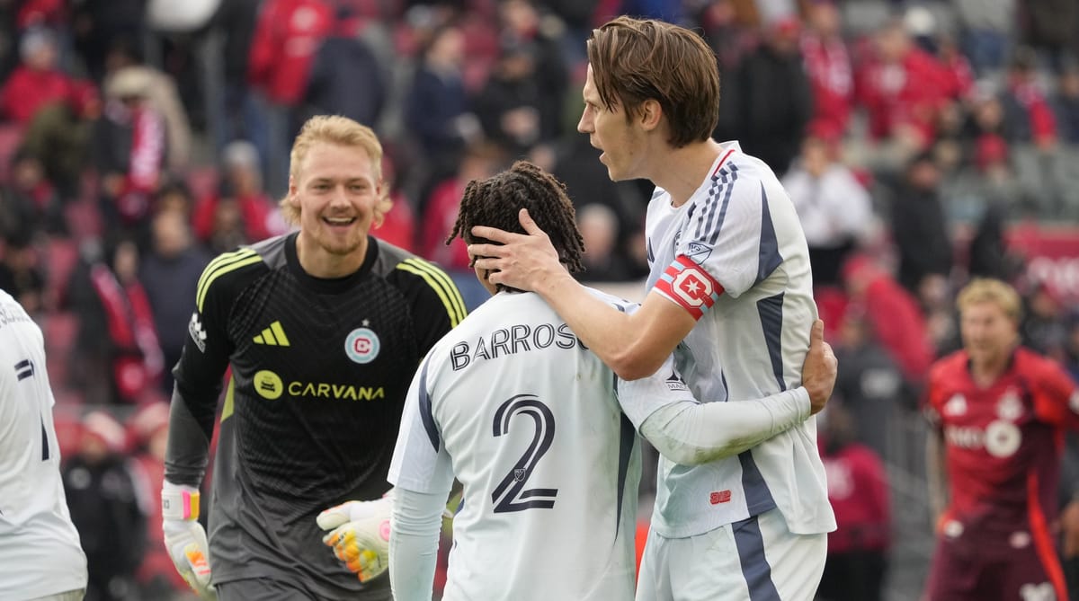 Mar 15, 2025; Toronto, Ontario, CAN; Chicago Fire goalkeeper Chris Brady (1), defender Leonardo Barroso (2) and defender Jack