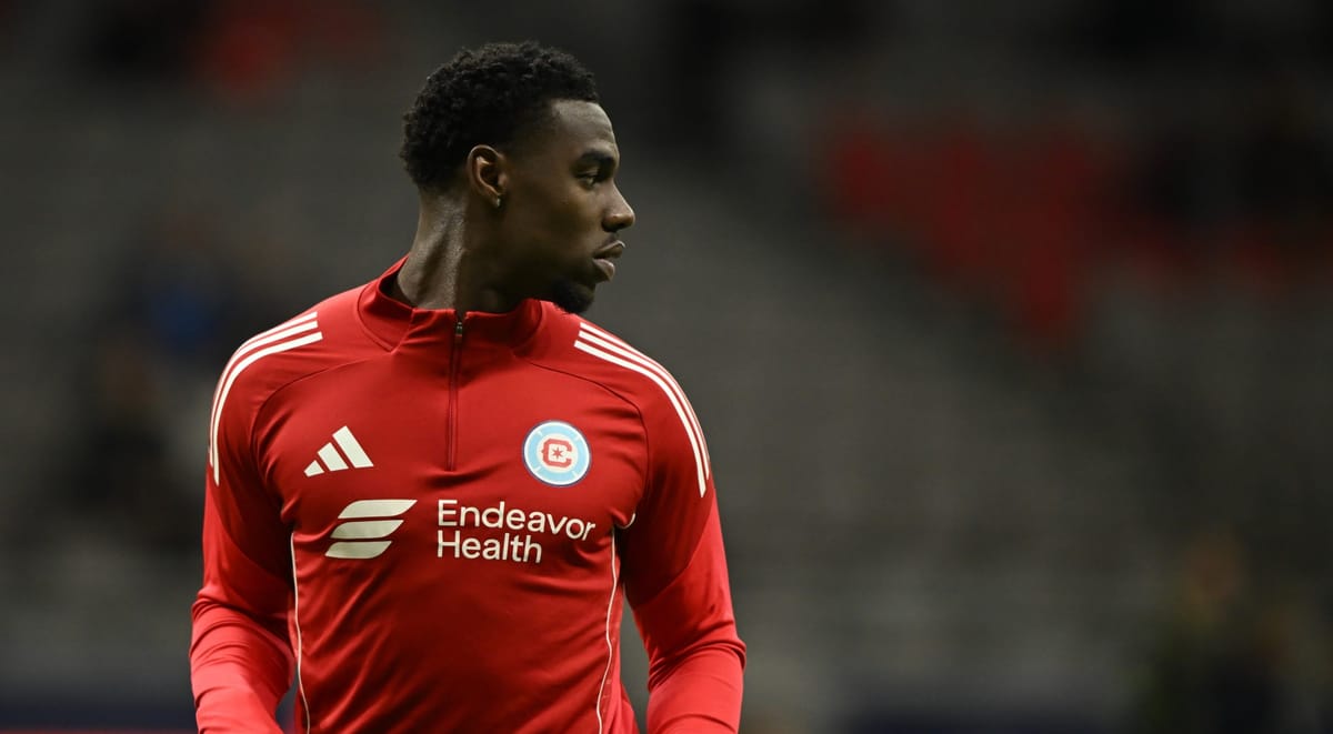 Mar 22, 2025; Vancouver, British Columbia, CAN; Chicago Fire FC defender Carlos Teran (4) warms up prior to the second half a