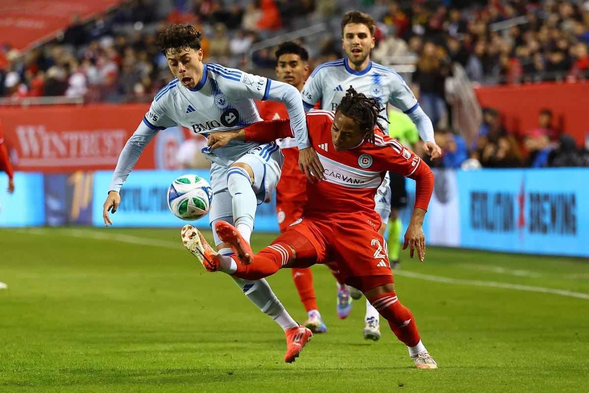 Mar 29, 2025; Chicago, Illinois, USA; CF Montreal midfielder Caden Clark (23) and Chicago Fire FC defender Leonardo Barroso (
