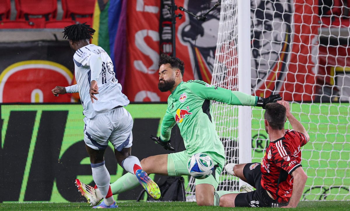 Apr 5, 2025; Harrison, New Jersey, USA; Chicago Fire FC midfielder Jonathan Bamba (19) scores a goal past New York Red Bulls