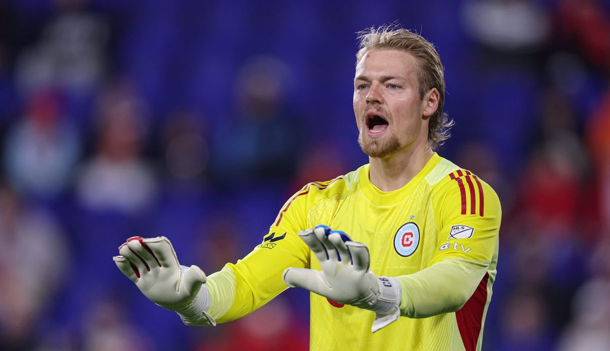 Apr 5, 2025; Harrison, New Jersey, USA; Chicago Fire FC goalkeeper Chris Brady (1) reacts during the first half against the N