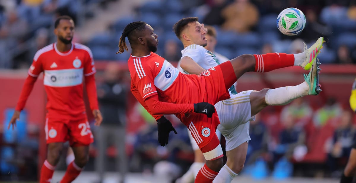 May 7, 2025; Bridgeview, Illinois, USA; Chicago Fire FC midfielder Rominigue Kouame (6) and Detroit City FC midfielder Ryan W