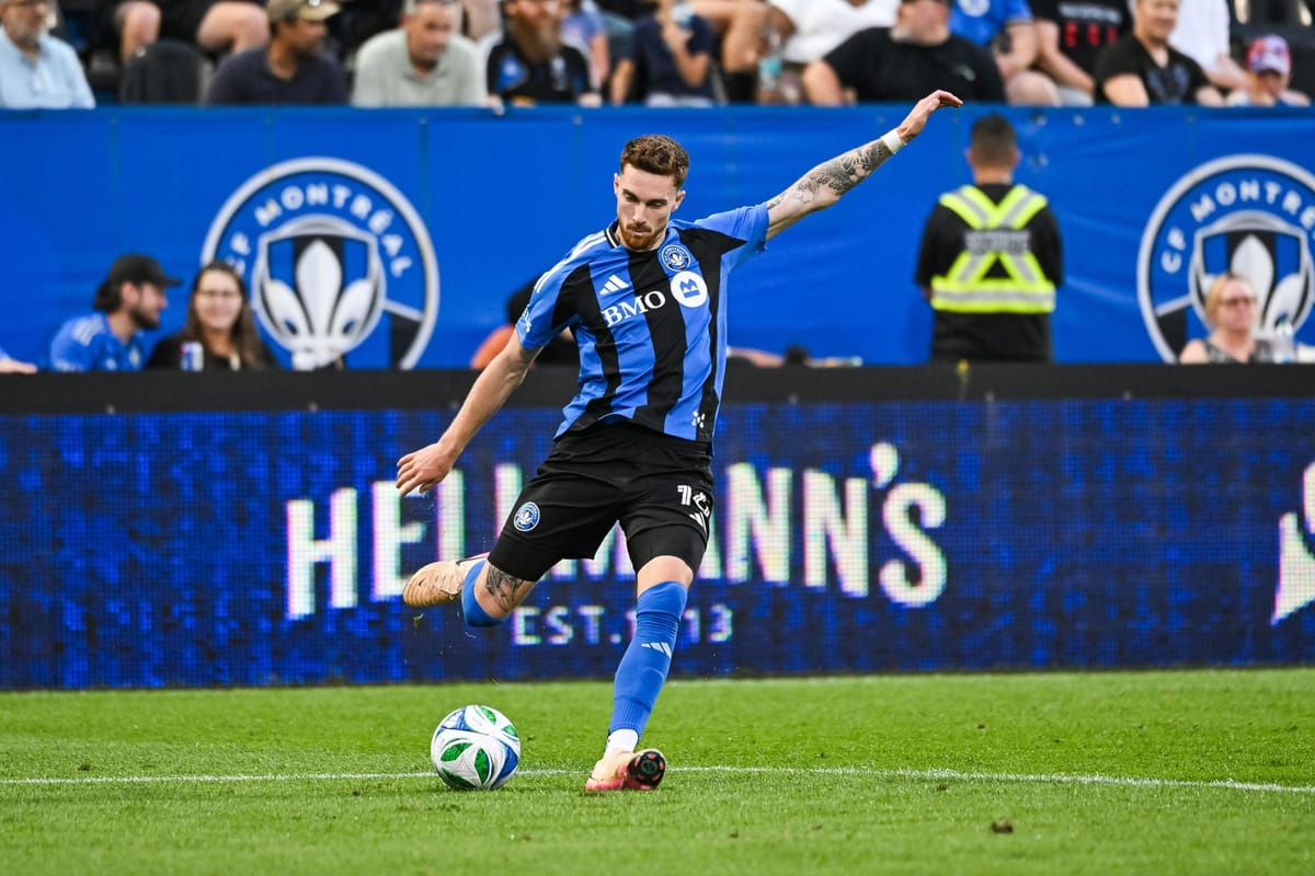 Jul 9, 2025; Montreal, Quebec, CAN; CF Montreal defender Joel Waterman (16) kicks the ball away against Forge FC Hamilton dur