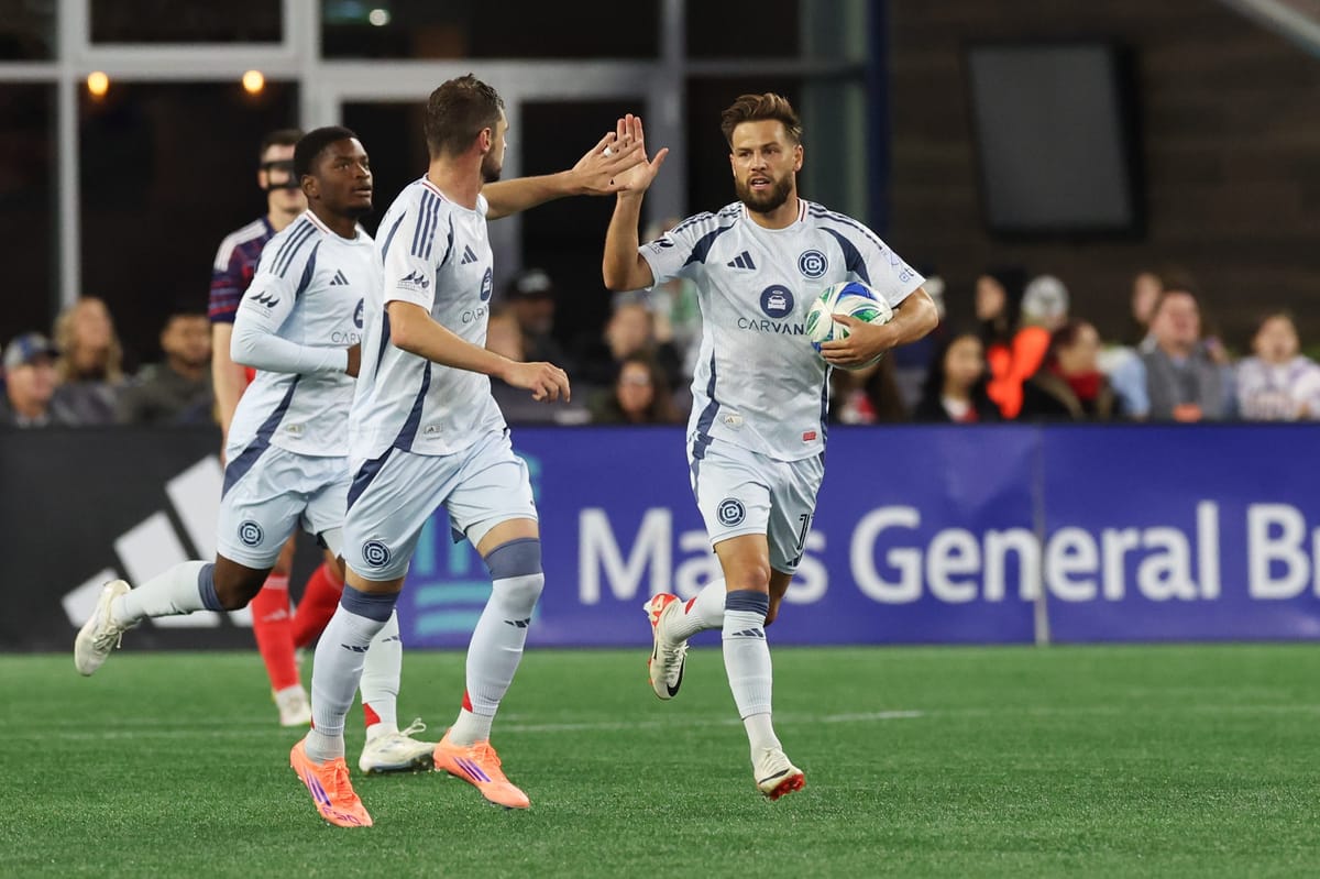 Oct 18, 2025; Foxborough, Massachusetts, USA; Chicago Fire FC forward Philip Zinckernagel (11) celebrates after scoring durin