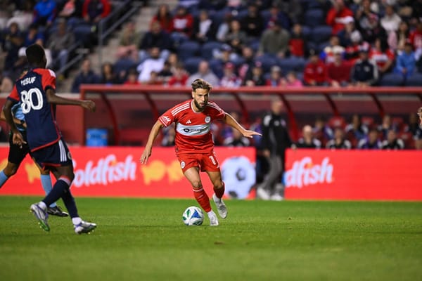 Chicago Fire FC player Philip Zinckernagel attacks against the New England Revolution no 80 at SeatGeek Stadium in Bridgeview