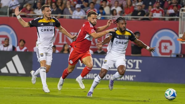Philip Zinckernagel runs towards the ball during the Fire's game against the Columbus Crew on September 27, 2025.