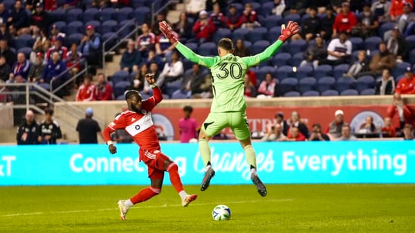 Chicago Fire winger Jonathan Bamba scores on New England Revolution's Matt Turner at SeatGeek Stadium on September 5, 2025