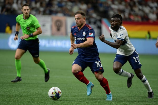 Jul 23, 2022; Vancouver, British Columbia, CAN; Chicago Fire FC midfielder Xherdan Shaqiri (10) dribbles the ball against Van