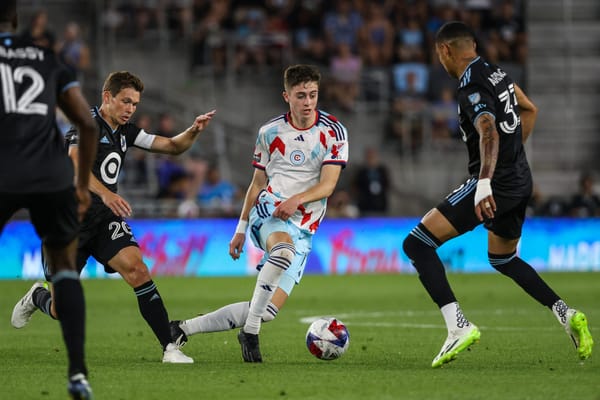 Jul 27, 2023; Saint Paul, MN, USA; Chicago Fire midfielder Brian Gutierrez (17) controls the ball while Minnesota United midf