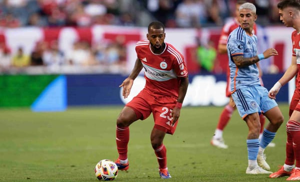 Jul 13, 2024; Chicago, Illinois, USA; Chicago Fire FC midfielder Kellyn Acosta (23) controls the ball against New York City F