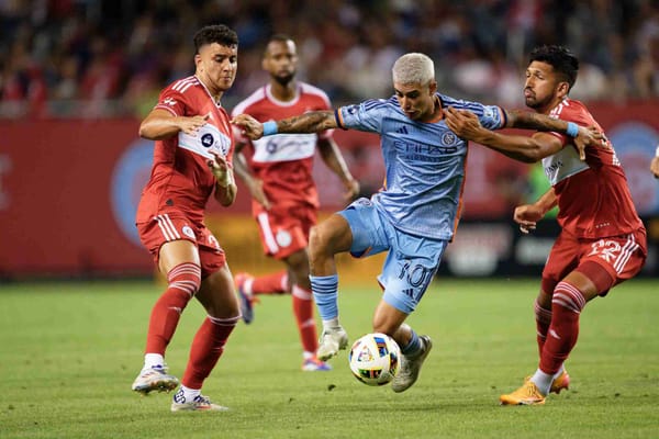 Jul 13, 2024; Chicago, Illinois, USA; New York City FC midfielder Santiago Rodriguez (10) controls the ball against the Chica