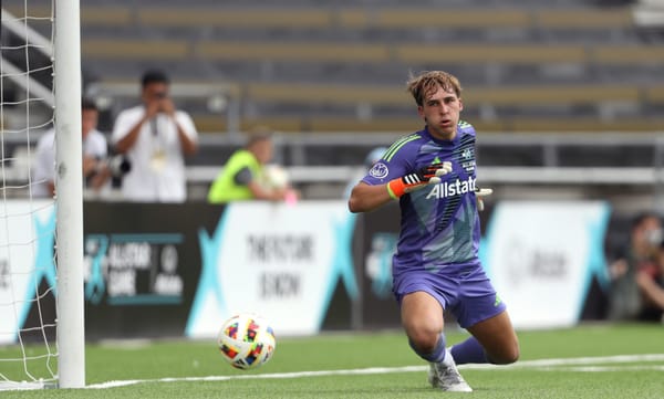 Jul 23, 2024; Columbus, Ohio, USA; MLS NEXT West goalkeeper Owen Pratt of the LA Galaxy (22) defends during the first half ag