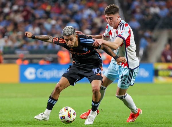 Aug 24, 2024; Queens, New York, USA; New York City midfielder Santiago Rodrguez (10) and Chicago Fire midfielder Brian Guti