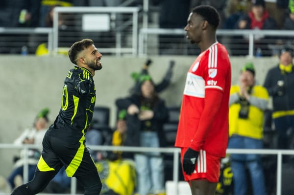 Feb 22, 2025; Columbus, Ohio, USA; Columbus Crew forward Diego Rossi (10) celebrates his second goal of the match in the seco