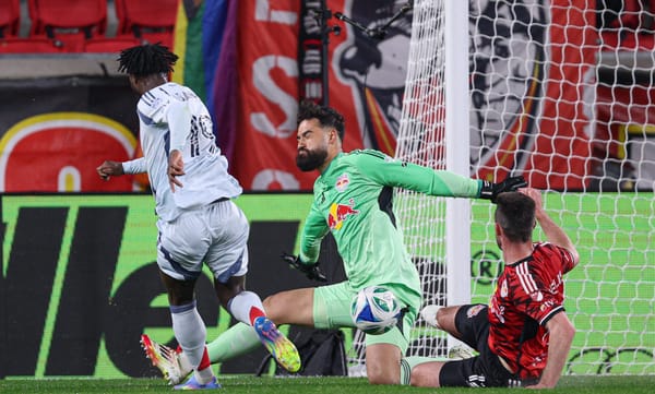 Apr 5, 2025; Harrison, New Jersey, USA; Chicago Fire FC midfielder Jonathan Bamba (19) scores a goal past New York Red Bulls