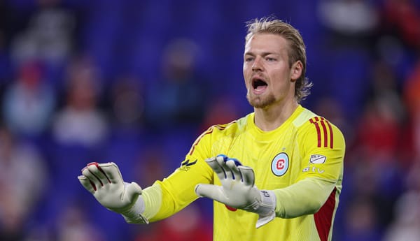 Apr 5, 2025; Harrison, New Jersey, USA; Chicago Fire FC goalkeeper Chris Brady (1) reacts during the first half against the N