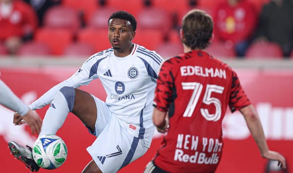 Apr 5, 2025; Harrison, New Jersey, USA; Chicago Fire FC midfielder Maren Haile-Selassie (7) plays the ball against New York R